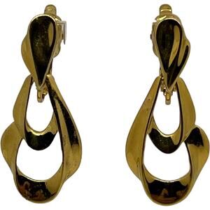 Trifari Gold Tone Teardrop Hoop Chandelier Dangle Earrings Statement Clip On